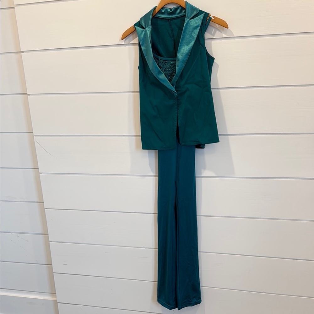 Sleeveless Teal Jumpsuit with Satin Trim